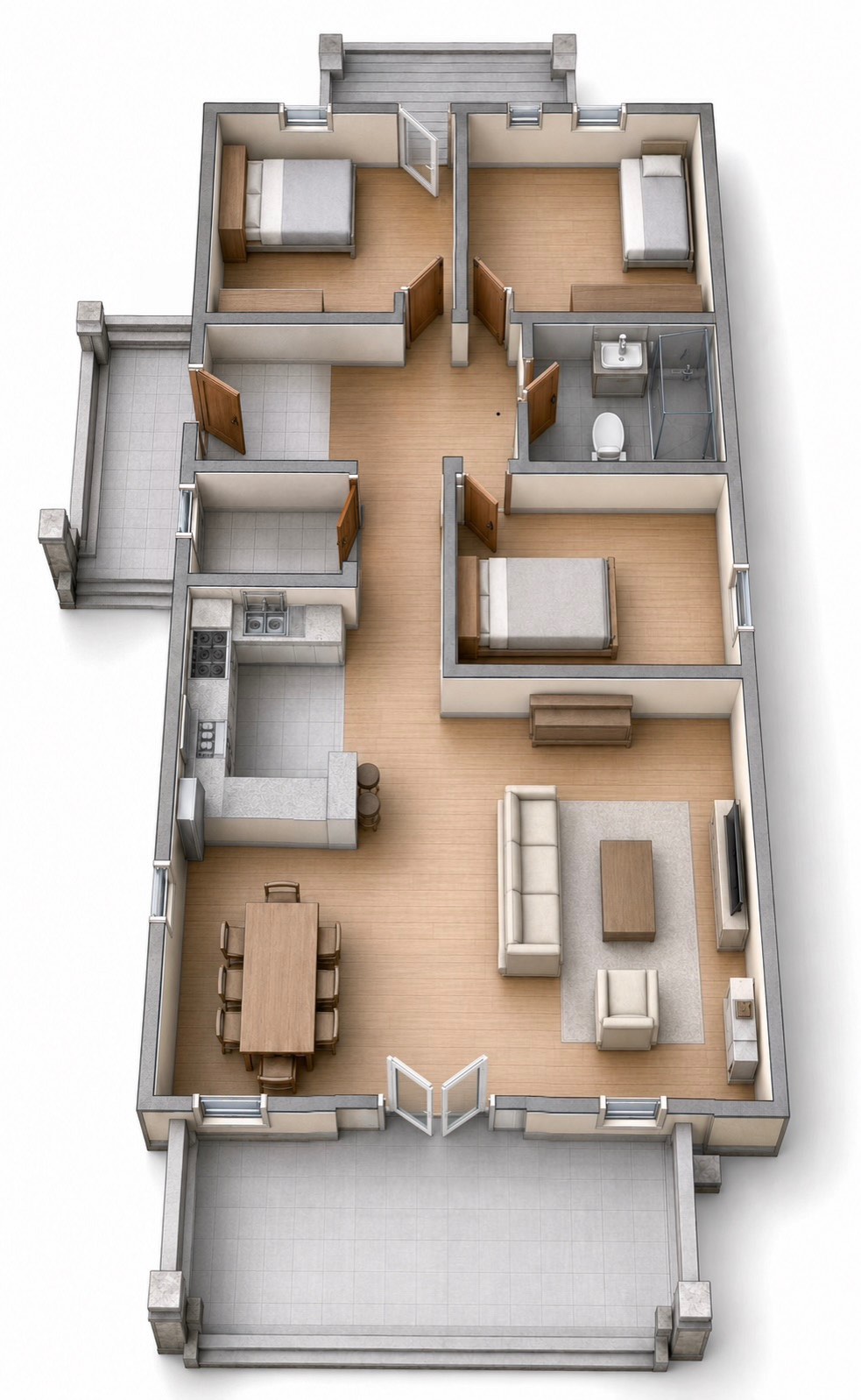 Тип 135 — основа со три спални, дневна соба, кујна, бања и 35 m² тремови