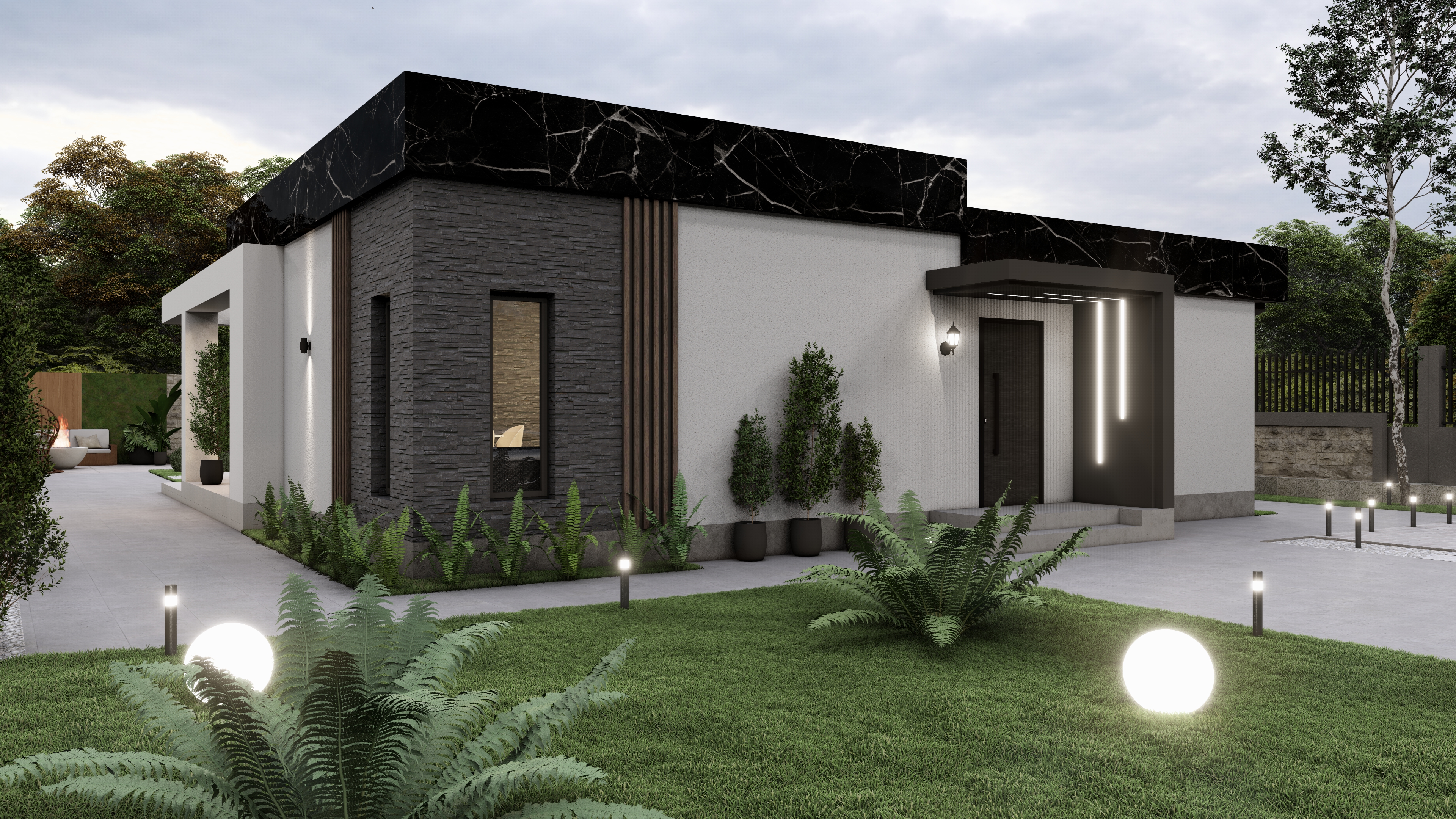 Тип 150 — предна фасада на современ семеен дом од 115 m² со 35 m² тремови